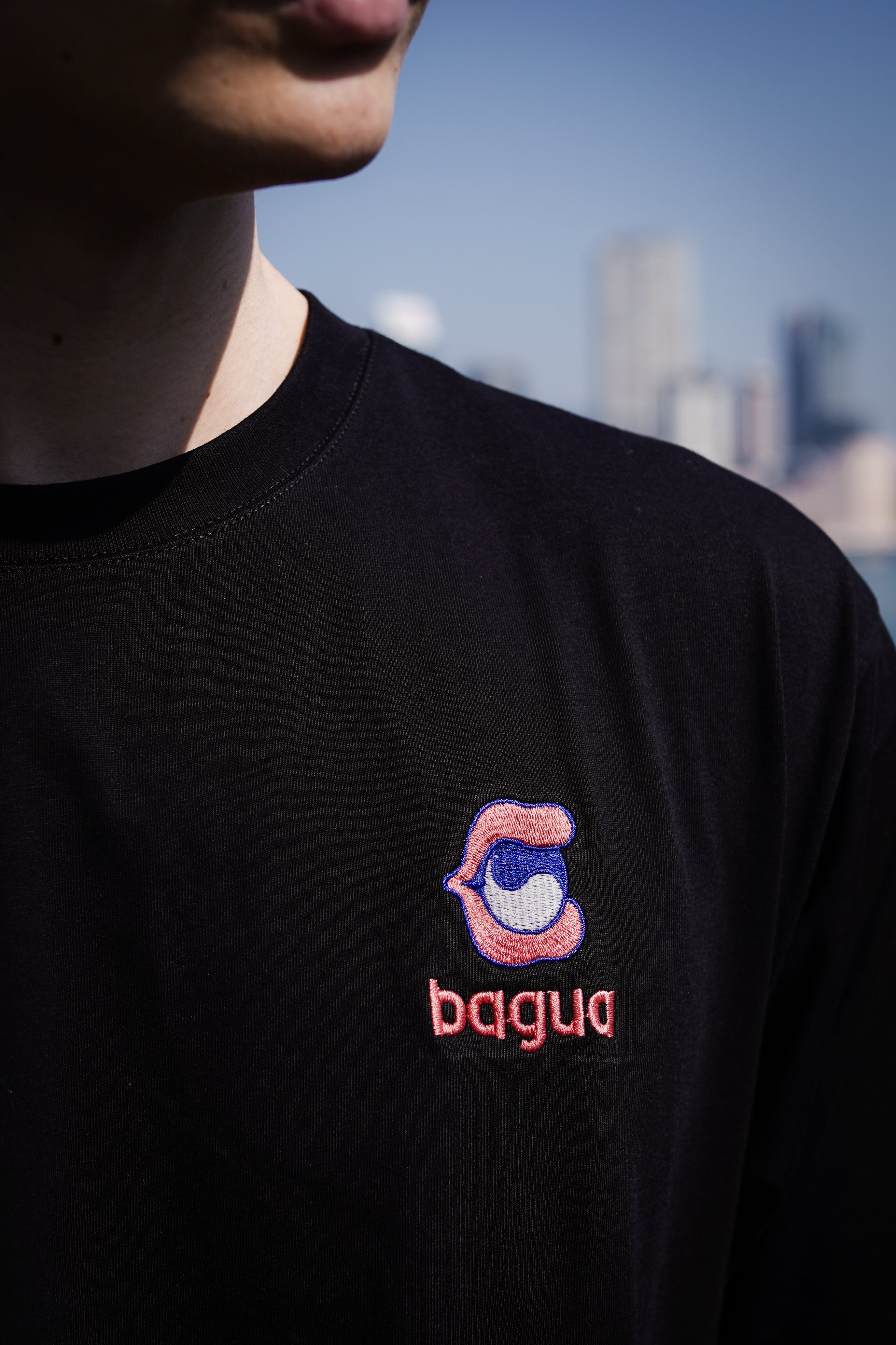 Person wearing a black t-shirt with an embroidered Bagua logo and text, set against a city skyline.